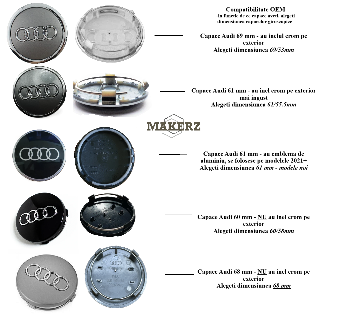 Set capace giroscopice compatibil Audi - Logo Aluminiu Lucios