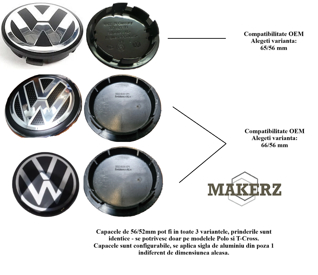 Set capace giroscopice compatibil Volkswagen - logo Aluminiu Lucios